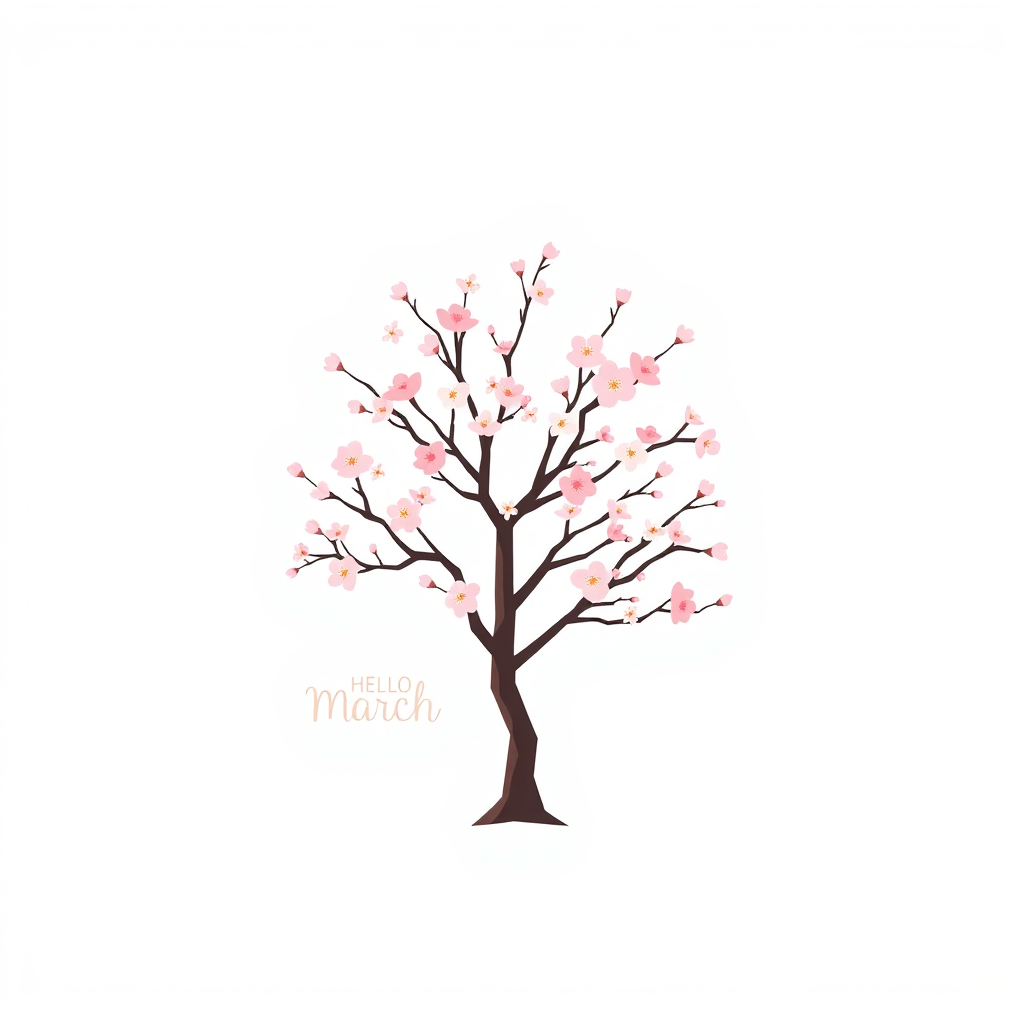 Create a minimalist illustration featuring a pink cherry blossom tree with a white background, accompanied by the text "Hello March" in a stylish font.