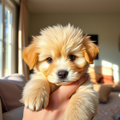 Generate an image of a fluffy light brown puppy being held by a person with a cozy indoor background featuring sunlight and soft textures the puppy has a cute expression with big eyes and a small nose