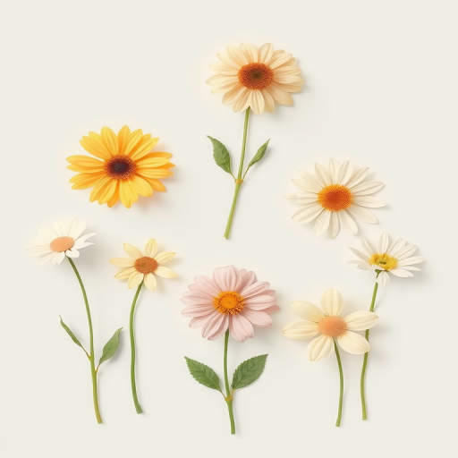 Create an illustration of six different flowers with band-aids on their stems, using a minimalist style with soft pastel colors, captured with a DSLR camera at f/2.8 aperture, ISO 100, and a focal length of 50mm, in a bright and airy flat lay view.