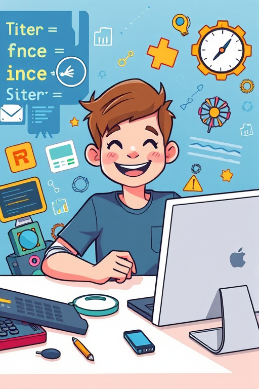 Create an illustration of a cheerful junior programmer sitting at a desk with a computer surrounded by coding elements, gadgets, and tech symbols, shot in a 50mm lens with f/1.8 aperture, ISO 200, and soft natural lighting for a vibrant and detailed image.