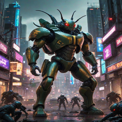 A highly detailed scene of a giant beetle commando standing on its hind legs, wielding a futuristic plasma rifle. Its exoskeleton is sleek and metallic, reflecting the neon lights of a distant city skyline. Other insects, such as armored ants and mantises, surround it, holding a mix of sci-fi weaponsâlaser pistols, energy swords, and grenade launchers. The battlefield is chaotic, with explosions in the background, as the insect squad charges into battle, their stances tense and ready for combat. The aesthetic feels like a mix of cyberpunk and military sci-fi.