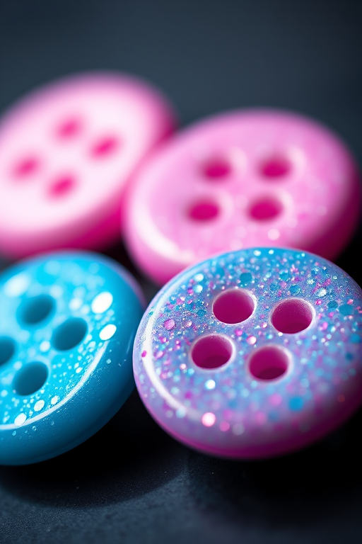 Create an image of four glittery buttons in a row, two pink and two blue, with a high-resolution focus, shallow depth of field, shot using a macro lens at f/2.8, capturing vivid colors and sparkling effects under soft lighting.