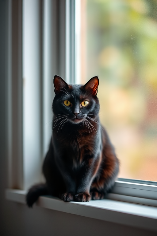 photograph of a black cat sitting on a windowsill with a soft focus background, DSLR camera, aperture f/2.8, ISO 400, 50mm lens, portrait orientation, natural lighting