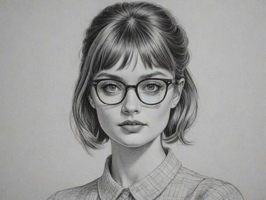 Resplendent Bella Heathcote, pencil sketch, portrait of Pleasing woman 1963s in glasses, hair style beatnik, outline, clear lines, fine lines, 8k
