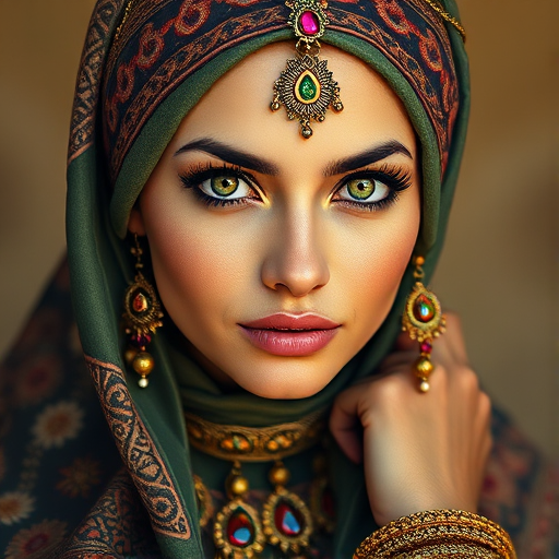 Create a portrait of a beautiful Arab woman with striking green eyes and a gentle expression. She is adorned in traditional attire with intricate patterns, including a richly embroidered headscarf and matching garments. Her jewelry includes a delicate headpiece, dangling earrings, and ornate bracelets, all featuring vibrant gemstones and detailed metalwork. The background is soft and warm, enhancing the rich colors of her outfit and jewelry.