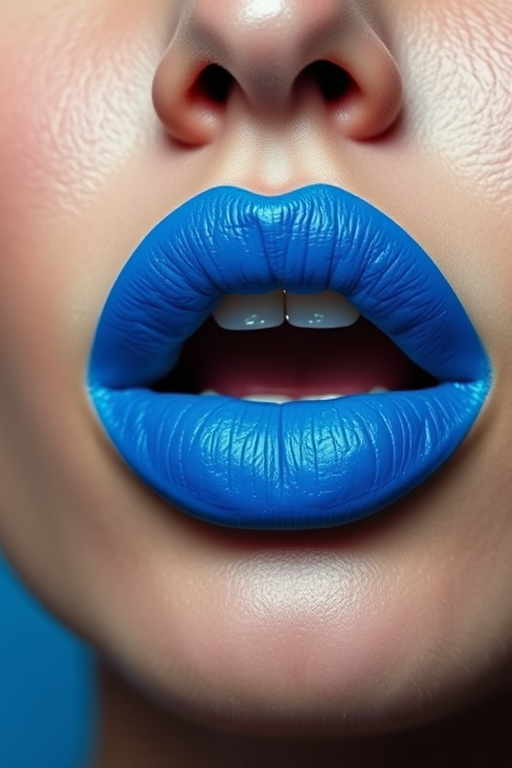 Fierce electric blue lips with a high-pigment matte finish, making a bold statement and showcasing confidence and creativity