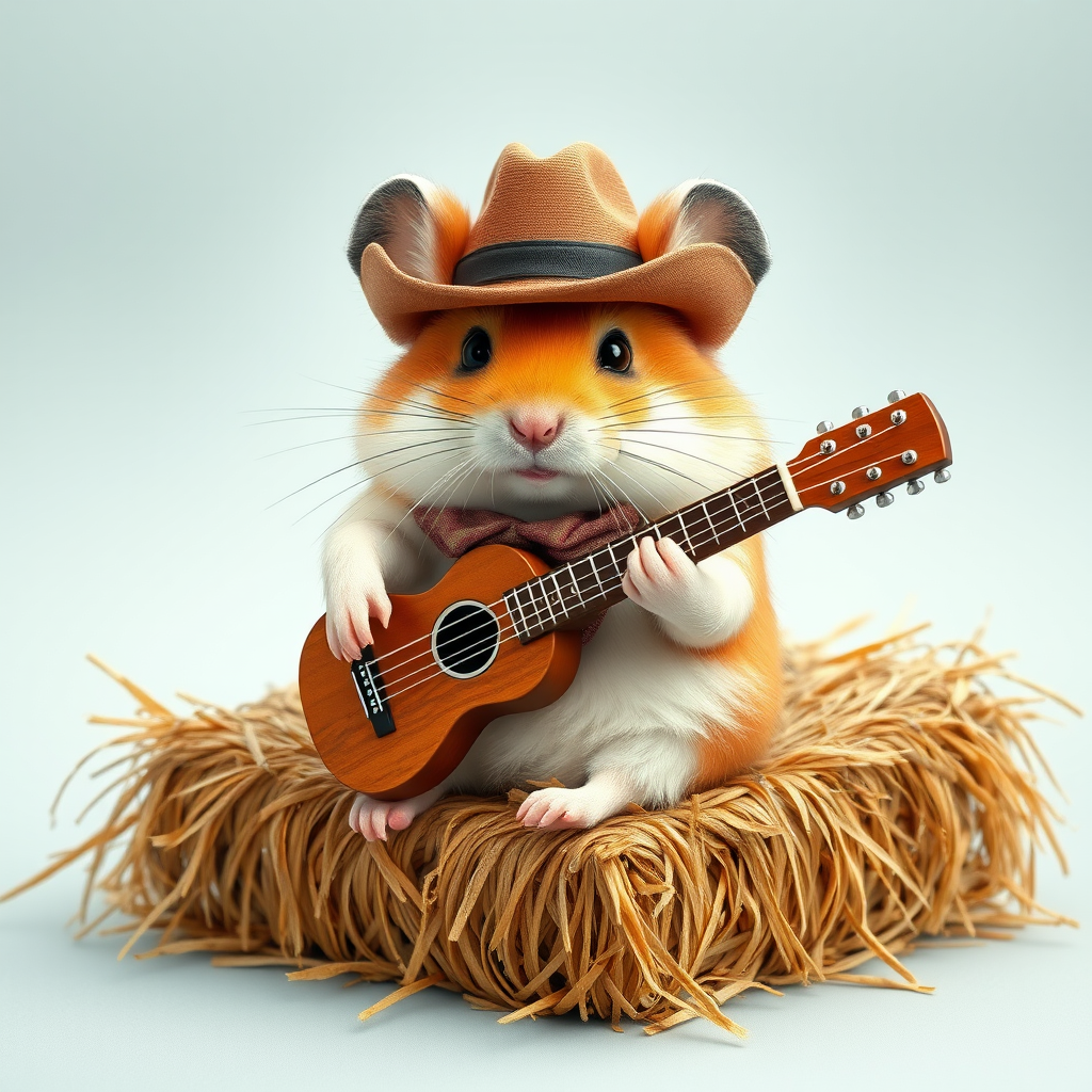 A chibi hamster, dressed as a cowboy, playing guitar, sitting on a hay bale