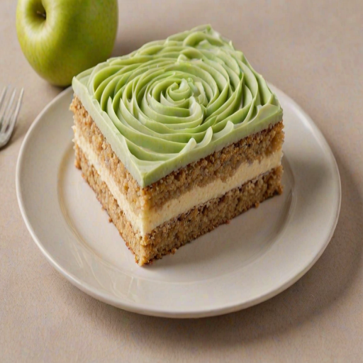 Generate an image of a rectangular layered cake topped with swirls of light brown frosting. The cake should have a textured surface with a pattern of raised peaks and should be decorated with small chocolate pieces. The setting includes a simple plate and a table with a neutral background, featuring subtle fruit elements like green apples.