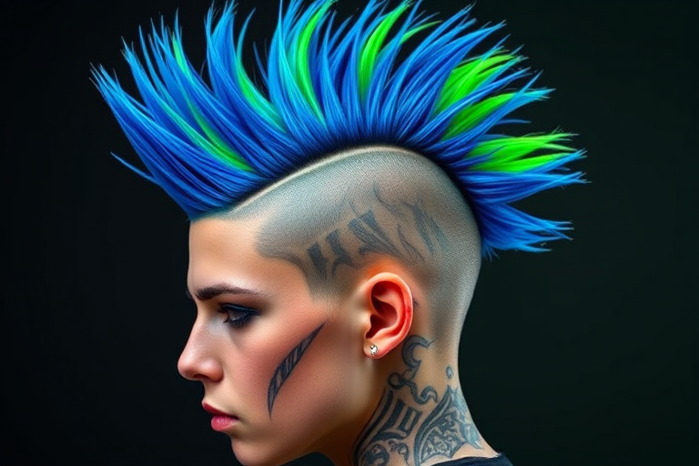 Intense electric blue mohawk with neon green streaks, styled in dramatic spikes and complemented by shaved sides with intricate tribal patterns, exuding a punk rock edge called Voltage Rebel