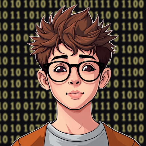 Generate a digital illustration of a young person with brown spiky hair and glasses, surrounded by a binary code backdrop, using a Canon EOS R5 with a 50mm lens at f/1.8, ISO 100, and a shallow depth of field for a clean focus effect.