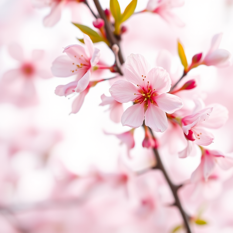 soft focus portrait of delicate pink cherry blossoms against a bright white background, f/2.8, 1/250s, ISO 100, 50mm lens, shot with a DSLR camera, natural light, macro view