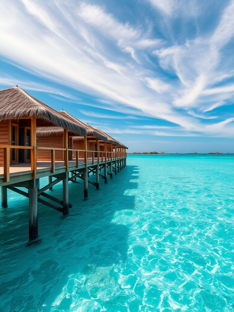 Capture a vibrant tropical ocean scene featuring wooden huts on a pier extending over clear blue waters, with a sunny sky and wispy clouds; settings: ISO 100, aperture f/8, shutter speed 1/200s; view: wide-angle shot; style: high dynamic range; type: DSLR.