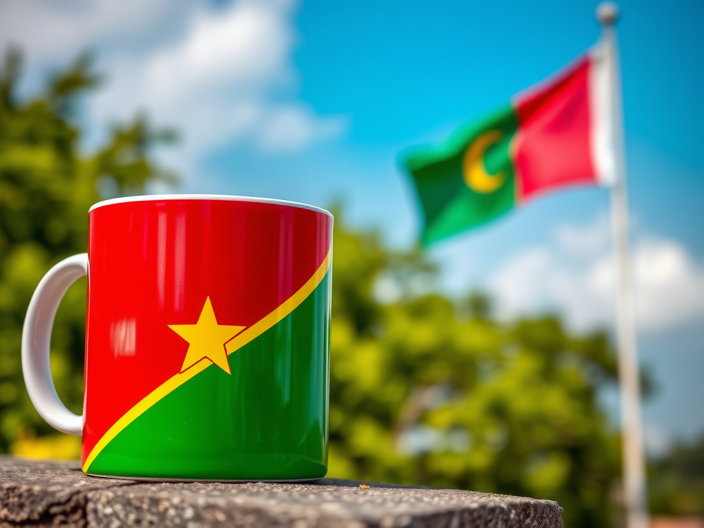 Generate an image featuring the flag of Comoros, a colorful mug with the same flag design, and a flag on a pole, using a DSLR camera with a 50mm lens, f/2.8 aperture, ISO 100, and a shallow depth of field for a vibrant and detailed look, shot from a slightly elevated angle to enhance perspective and composition.