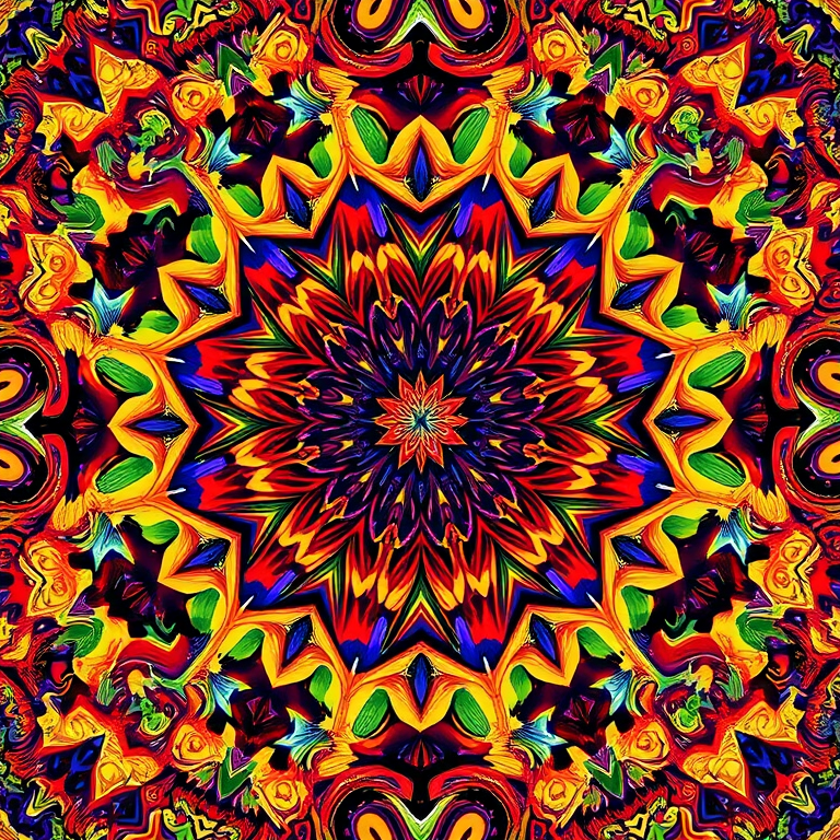 Create a vibrant abstract pattern with bold colors and intricate details, photographed with a Canon EOS R5, 50mm lens, f/1.8 aperture, ISO 100, in natural light, from a top-down view.