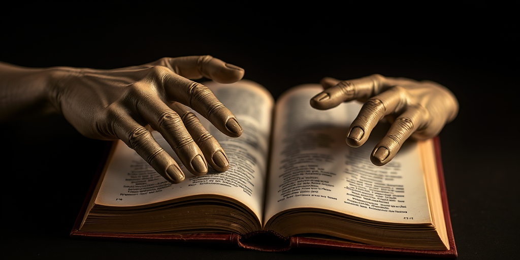 create an image of two sculpted hands reaching towards an open book on a dark surface, use a DSLR camera with a 50mm lens, aperture at f/2.8, ISO 200, shallow depth of field, and a soft warm light to enhance textures and details.