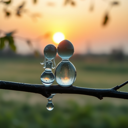 A high-quality conceptual HDR macro hyper-realistic photograph of a tree branch with a couple of transparent water drops in the shape of a female and a male chibi-style figure. The figures have a soft, wet, bubbly wet and bioluminescent texture. They are sitting on the branch and contemplating a beautiful sunset in the distance.