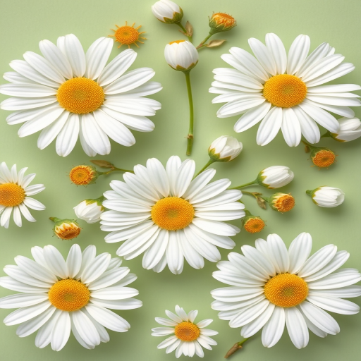Create a high-resolution floral pattern featuring white daisies and buds on a soft green background, using a DSLR camera with a 50mm lens, aperture f/2.8, ISO 100, and a top-down view for enhanced detail and clarity.
