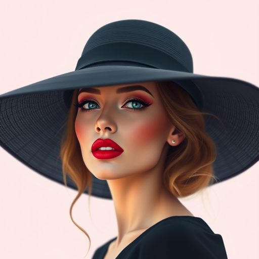 Create a high-resolution digital illustration of a woman wearing a large black hat, with bold lipstick, captured in a soft-focus style, using a Canon EOS 5D Mark IV with a 50mm f/1.8 lens at f/1.8, ISO 100, and a shallow depth of field for an artistic effect.