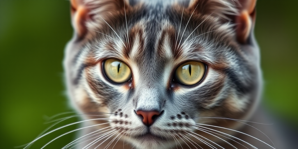 Capture a close-up portrait of a grey cat with striking green eyes and prominent whiskers, using a DSLR camera with a 50mm f/1.8 lens, aperture set to f/2.8, shutter speed 1/200s, ISO 100, natural lighting, shallow depth of field, with a blurred green background for emphasis.