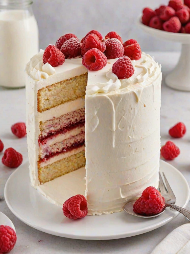 Create an image of a beautifully layered cake with three distinct layers. The cake has a light, fluffy texture and is filled with raspberry filling. The outer layer is covered in a smooth white frosting, and there are fresh raspberries placed around the cake. The setting is bright and minimalistic, with the cake presented on simple white plates.