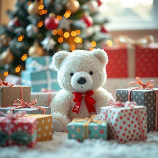 Create a cozy winter scene featuring a cute polar bear toy surrounded by colorful wrapped presents, decorated with a Christmas tree in the background, use a Canon EOS R5 camera with a 50mm f/1.8 lens, aperture set to f/2.8, ISO 100, shooting at a low angle to emphasize the bear and gifts, soft natural lighting for a warm atmosphere.