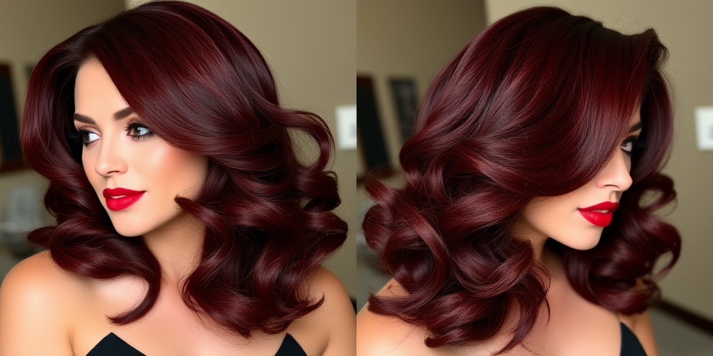 Glamorous old Hollywood waves in deep burgundy, styled with a dramatic side sweep and glossy finish, exuding vintage-inspired elegance and allure