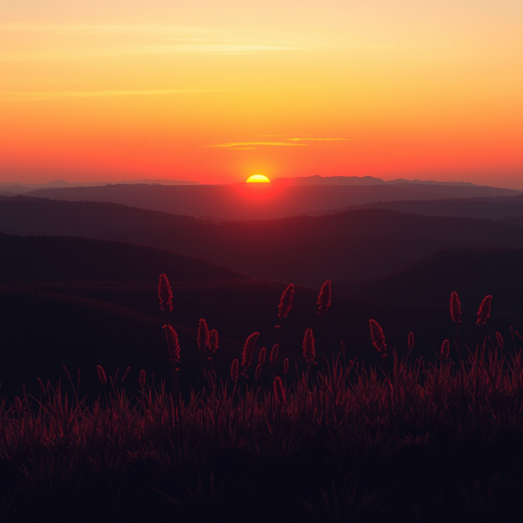 Create a high-resolution landscape illustration of a sunset over rolling hills with silhouetted grass and plants in the foreground, using a Canon EOS R5 with an 85mm lens at f/8, ISO 100, and a golden hour setting for optimal lighting and color saturation.