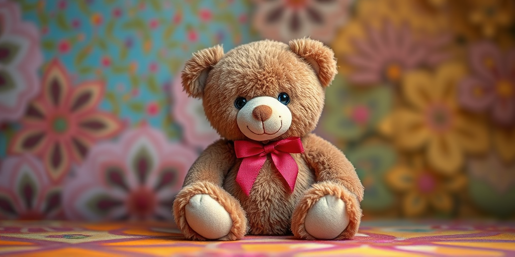 A plush teddy bear sitting on a colorful background, captured with a Canon EOS R5 camera, 50mm lens, aperture f/2.8, ISO 100, soft diffused lighting for enhanced texture and depth.