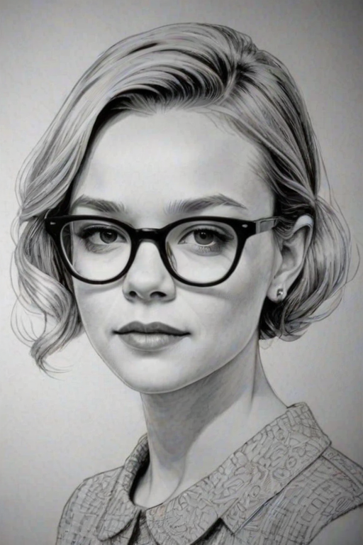Sublime Carey Mulligan, pencil sketch, portrait of Dazzling woman 1952s in glasses, hair style beatnik, outline, clear lines, fine lines, 8k