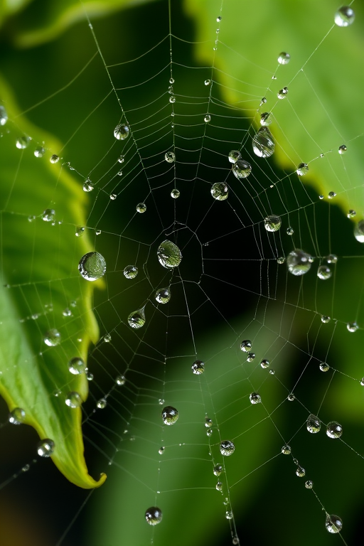 macro shot of a dewdrop-laden spider web on green leaves, focus on water droplets, soft background blur, shot with a DSLR camera at f/2.8 aperture, 100mm lens, ISO 200, 1/200 sec exposure, natural morning light for enhanced detail and texture