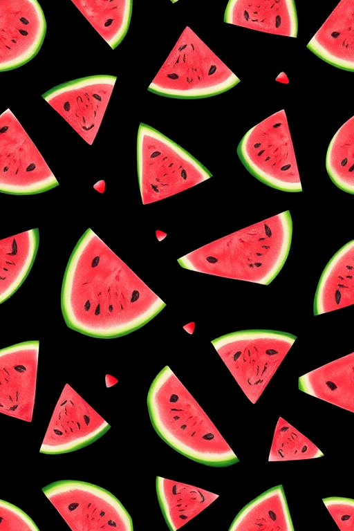 Create a seamless pattern of watermelon slice illustrations on a black background, captured with a Canon EOS R5, 50mm lens, f/8 aperture, ISO 100, top-down view, digital illustration style.