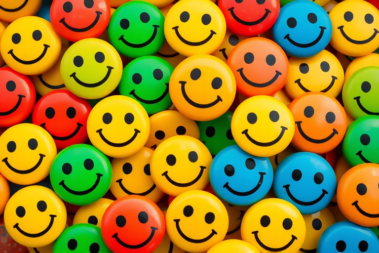 Generate a vibrant and colorful collage of smiling emoji faces in various colors such as yellow, red, green, blue, and orange, using a Canon EOS 5D Mark IV with a 50mm f/1.8 lens, aperture set to f/2.8, ISO 100, and a shallow depth of field for enhanced clarity and saturation.