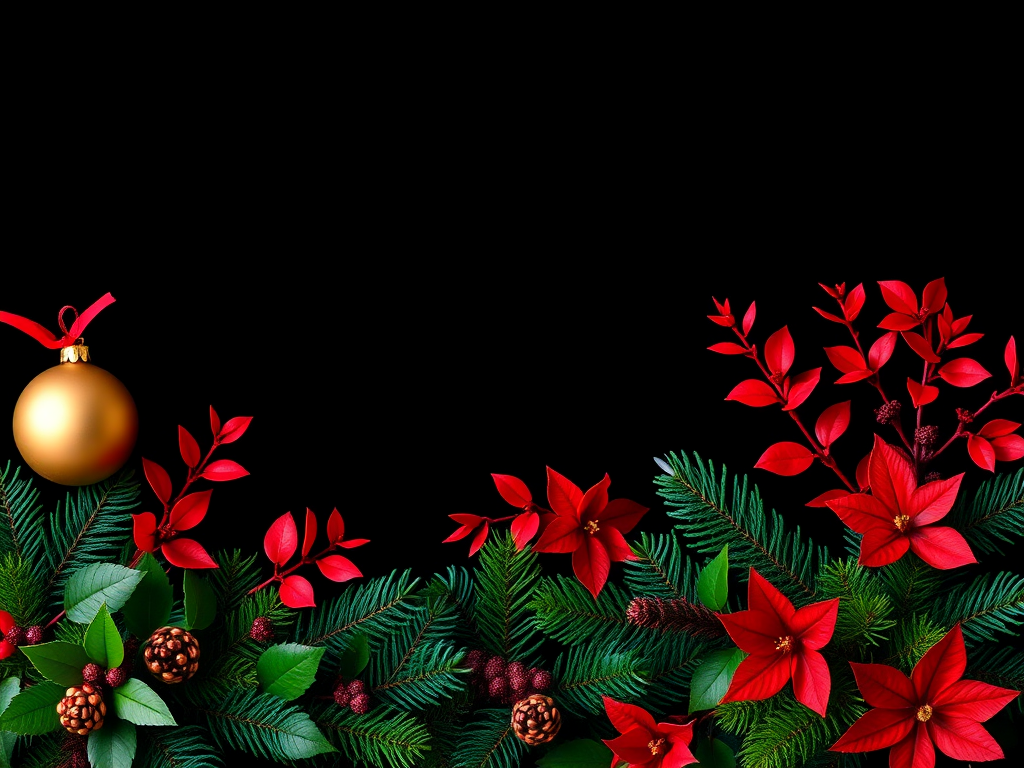 Create a festive border with golden ornaments, vibrant red and green foliage, and a subtle black background, using a Canon EOS 5D Mark IV, aperture f/2.8, focal length 50mm, and ISO 100 to enhance image quality.