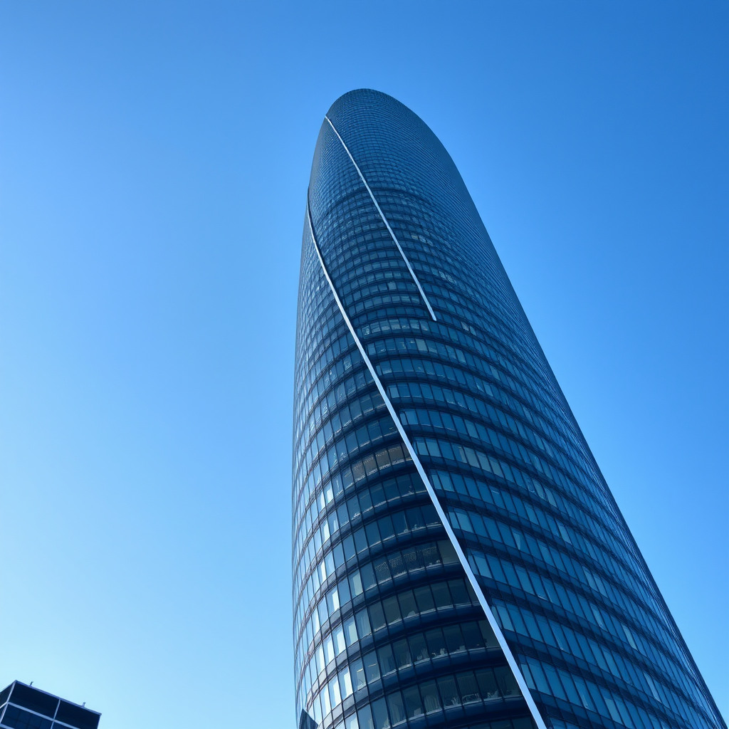 a modern skyscraper with a twisting design and glass facade against a clear blue sky, shot from a low angle, 24mm lens, f/11 aperture, ISO 100, HDR setting, full-frame DSLR camera