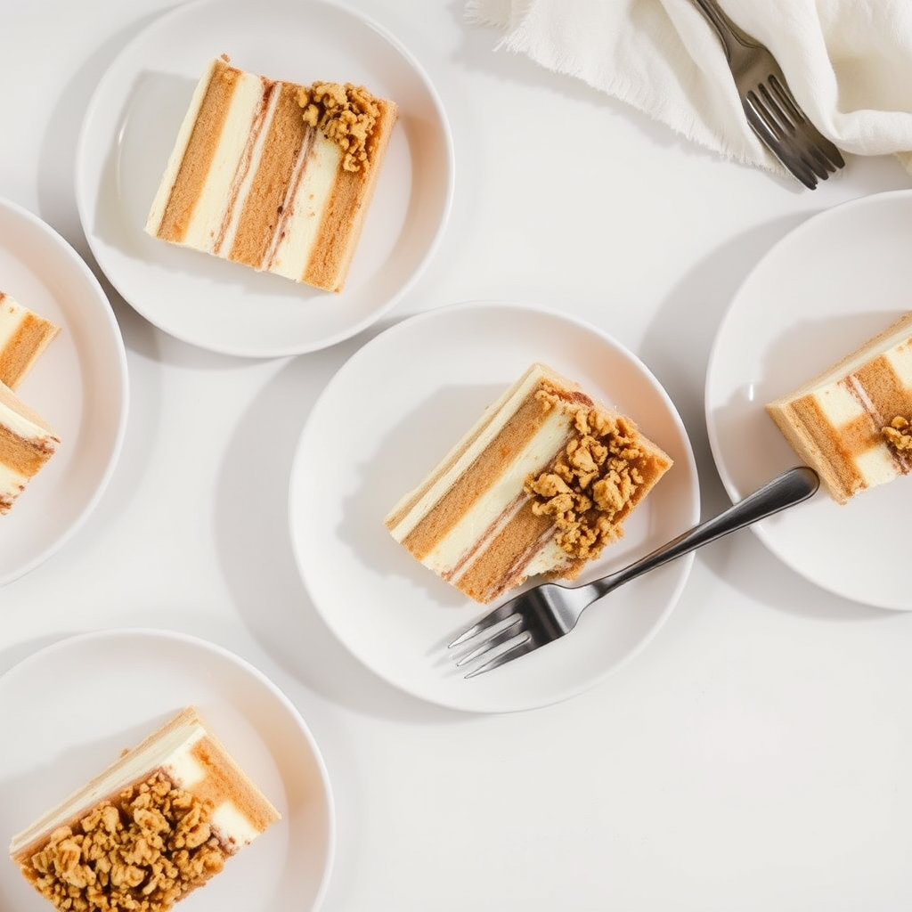 Aerial view of several slices of layered cake on white plates arranged on a light surface with a fork on one plate and a napkin in the background. The cake features cream and sponge layers with a crumb topping. The setting is bright and minimalist.
