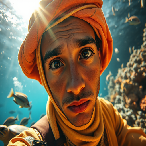 Realistic selfie image of a Sahrawi, wearing a vintage outfit, detailed dreamy eyes, droopy hooded eyes, staring at the camera, taken underwater at coral reef with a sunbeam filtering through the water, vibrant, summer vacation, natural lighting, turtle and school of tropical fish with vibrant colors, rendered in the style of CryEngine, Pegi Nicol MacLeod, with realistic genre scenes, hauntingly beautiful narratives, ultra-realism, and Thomas Saliot's close-up technique, 8K resolution, crystal clear and sparkling water.