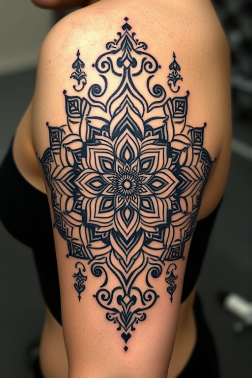 Ornamental blackwork tattoo named "Mandala Majesty" featuring intricate geometric patterns and symmetrical designs inspired by sacred symbols and spiritual art