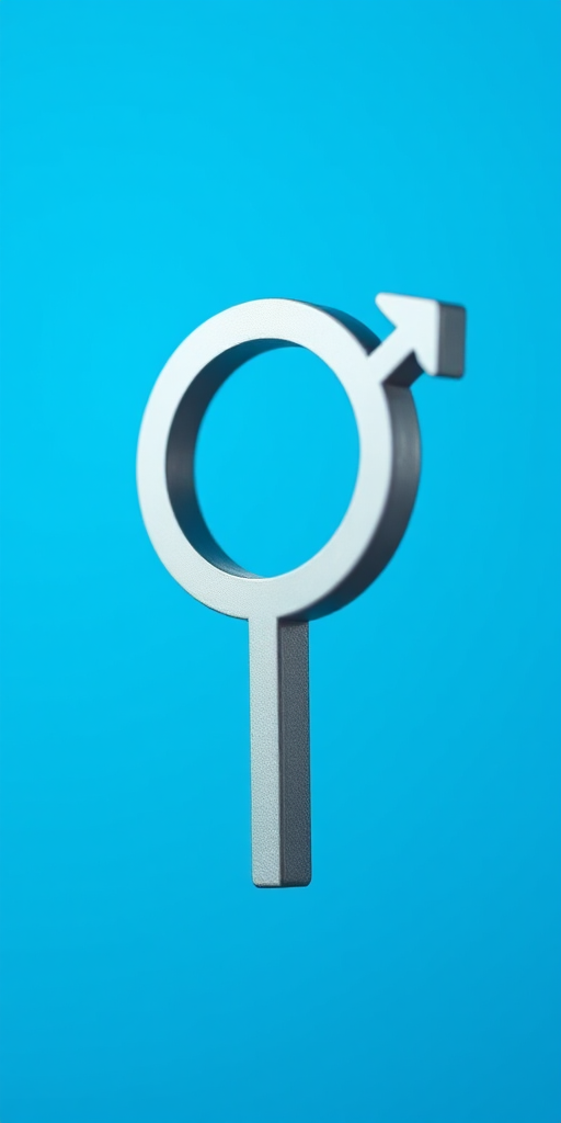 Create an image of the male gender symbol with a bright blue background, using a Canon EOS R5 camera, 50mm lens, aperture f/1.8, ISO 100, with a shallow depth of field for a crisp focus on the symbol and a soft blurred background.