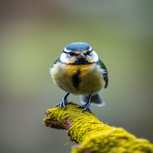 A vibrant close-up of a great tit bird perched on a moss-covered branch, with a soft-focused natural background; camera settings: ISO 200, aperture f/4, shutter speed 1/200s; camera view: eye level, camera style: macro photography, camera type: DSLR.