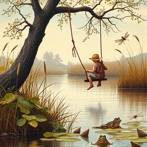 Imagine a small group of old fashioned young boys out fishing by the creek, a swing hanging from a tree branch, reeds and grasses by the water's edge, a frog sitting on a lily pad, dragonflies hovering over som water plans, a very iconic old fashioned scene reminiscent of a Norman Rockwell painting style