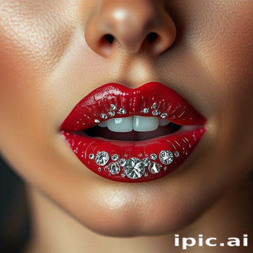 Glamorous woman lips embellished with crystal-encrusted gloss, full face portrait sparkling with red carpet-worthy sophistication