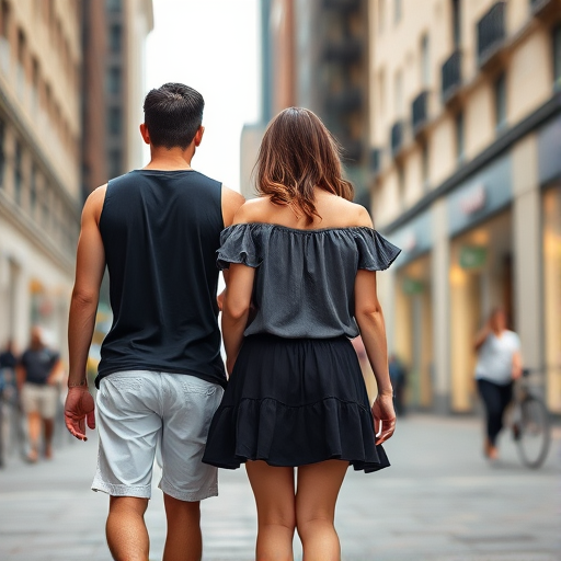 Regenerate an image of a couple walking together on a city street, focused on their outfits with the man wearing a sleeveless black shirt and white shorts, and the woman in a gray top with a ruffled black skirt, captured in a shallow depth of field, using a 50mm lens, aperture f/2.8, ISO 100, natural lighting, and a slight tilt-shift effect for artistic flair.