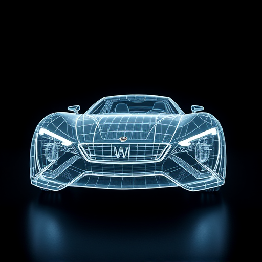 Generate a hyper-realistic 3D wireframe rendering of a futuristic car from a low angle, using a Canon EOS R5 camera at f/1.8, ISO 100, 1/200s exposure, with soft ambient lighting and a gradient black background to enhance depth and detail.