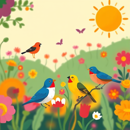 Create a vibrant illustration of birds in a colorful, whimsical garden with a stylized sun, using a soft focus lens with an aperture of f/2.8, ISO 100, and a 35mm focal length to enhance the image quality, presenting the scene from a slightly elevated angle for depth.