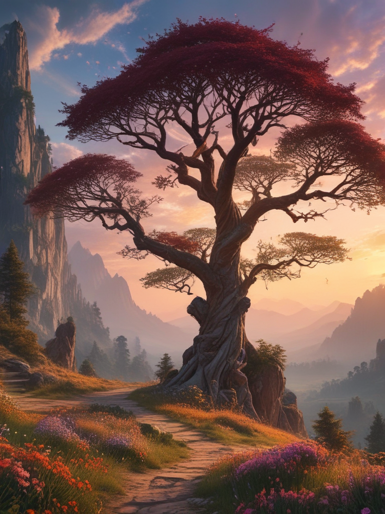 A Majestic Tree with Vibrant Red Foliage Against a Stunning Mountain Sunset
