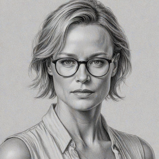 Elegant Robin Wright, pencil sketch, portrait of Magnificent woman 1923s in glasses, hair style beatnik, outline, clear lines, fine lines, 8k