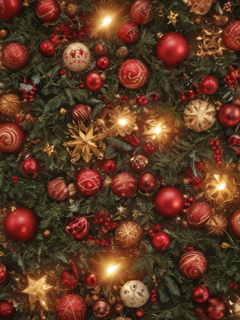 Festive Holiday Decorations Featuring Red and Gold Ornaments on a Pine Tree