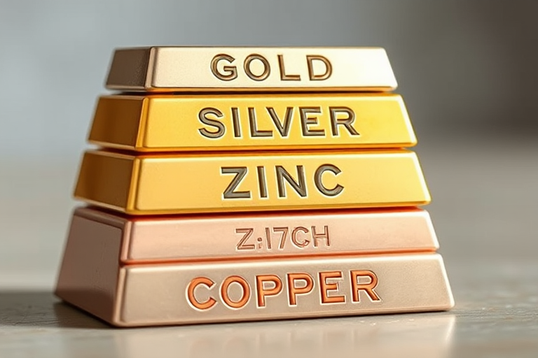 Create an illustration of stacked metal bars labeled "GOLD," "SILVER," "ZINC," and "COPPER," using a gradient of colors for the bars, with a soft-focused background, close-up shot, 50mm lens, f/2.8 aperture, ISO 100, natural lighting for enhanced clarity.