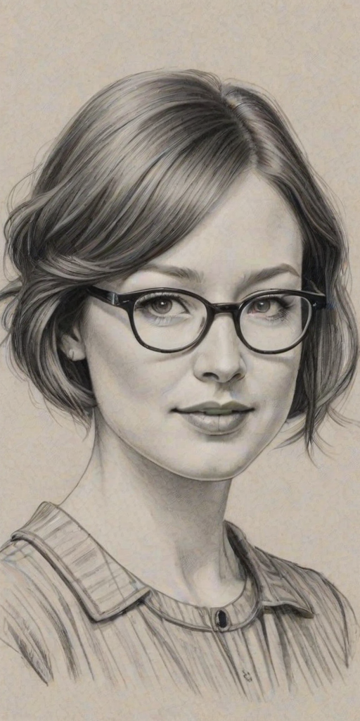 Attractive Ellie Kemper, pencil sketch, portrait of Fetching woman 1928s in glasses, hair style beatnik, outline, clear lines, fine lines, 8k