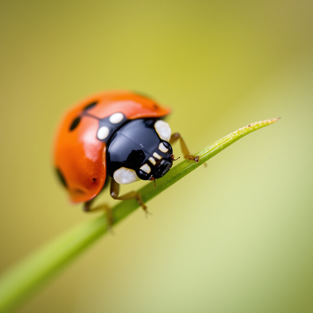 Capture a close-up of a ladybug on a green leaf with a shallow depth of field, using a DSLR camera, 100mm macro lens, aperture f/2.8, ISO 100, shutter speed 1/200s, natural light for enhanced detail and vibrant colors.